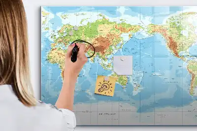 Magnetic glass dry erase board physical world map design