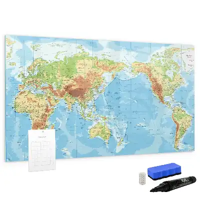 Magnetic glass dry erase board physical world map design