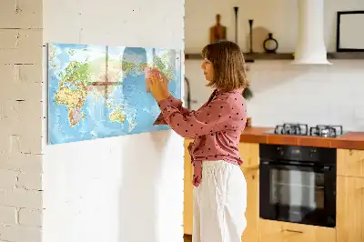 Magnetic glass dry erase board physical world map design