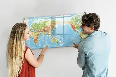 Magnetic glass dry erase board physical world map design