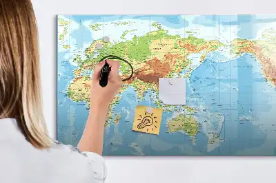 Magnetic glass dry erase board physical world map design