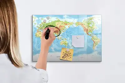 Magnetic glass dry erase board physical world map design