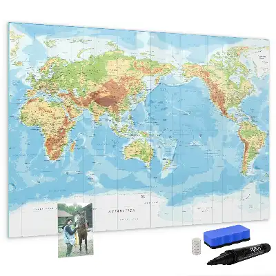 Magnetic glass dry erase board physical world map design