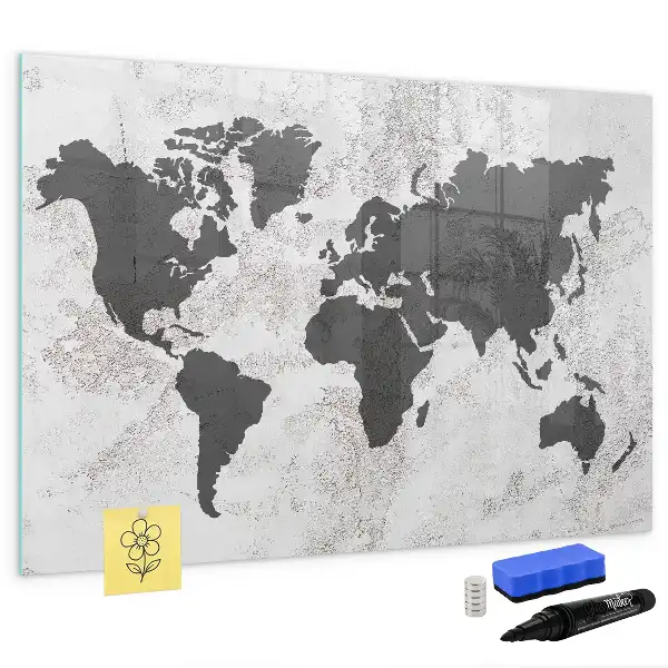 Magnetic glass dry erase board world map on concrete design