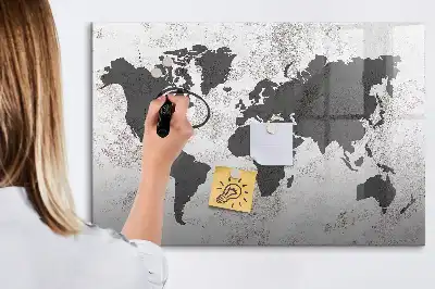 Magnetic glass dry erase board world map on concrete design