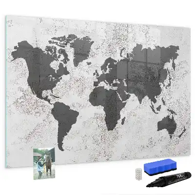 Magnetic glass dry erase board world map on concrete design