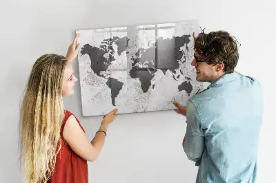 Magnetic glass dry erase board world map on concrete design