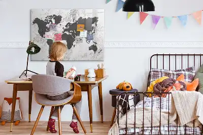 Magnetic glass dry erase board world map on concrete design