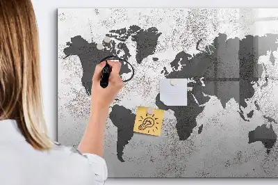 Magnetic glass dry erase board world map on concrete design