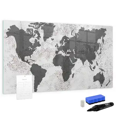 Magnetic glass dry erase board world map on concrete design