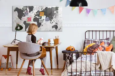 Magnetic glass dry erase board world map on concrete design