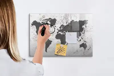 Magnetic glass dry erase board world map on concrete design