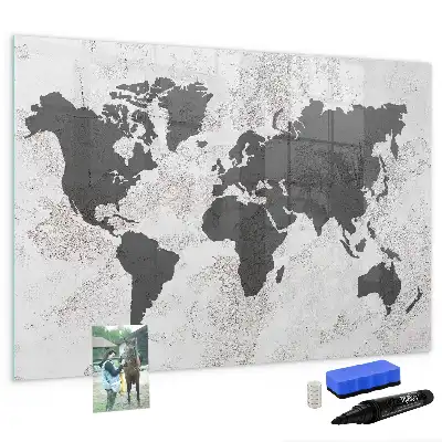 Magnetic glass dry erase board world map on concrete design