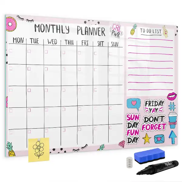 Magnetic glass dry erase board monthly planner
