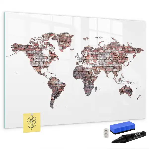 Magnetic glass dry erase board with world map on brick print