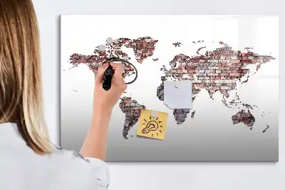 Magnetic glass dry erase board with world map on brick print