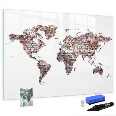 Magnetic glass dry erase board with world map on brick print