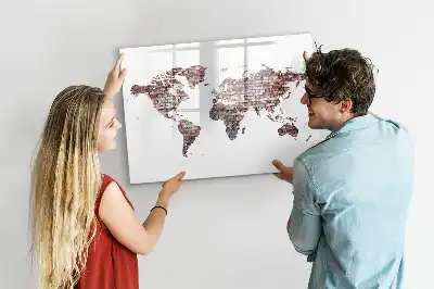 Magnetic glass dry erase board with world map on brick print