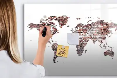 Magnetic glass dry erase board with world map on brick print
