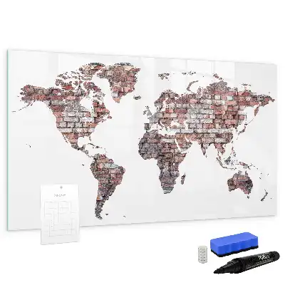 Magnetic glass dry erase board with world map on brick print