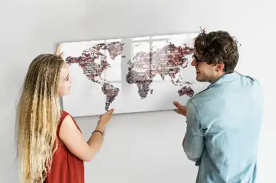 Magnetic glass dry erase board with world map on brick print