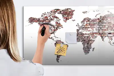 Magnetic glass dry erase board with world map on brick print