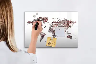 Magnetic glass dry erase board with world map on brick print