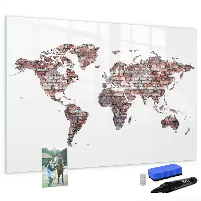 Magnetic glass dry erase board with world map on brick print