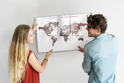 Magnetic glass dry erase board with world map on brick print