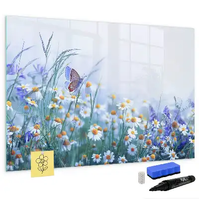 Magnetic glass dry erase board with butterfly on a meadow print