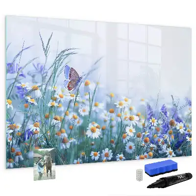 Magnetic glass dry erase board with butterfly on a meadow print