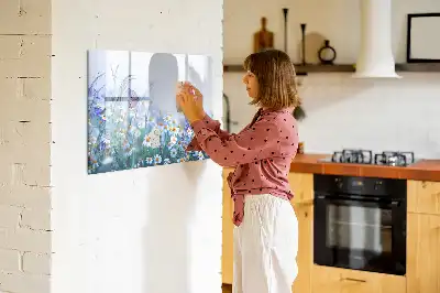 Magnetic glass dry erase board with butterfly on a meadow print