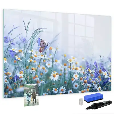 Magnetic glass dry erase board with butterfly on a meadow print