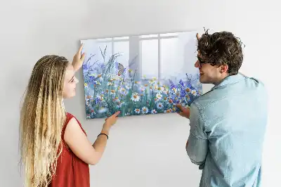 Magnetic glass dry erase board with butterfly on a meadow print