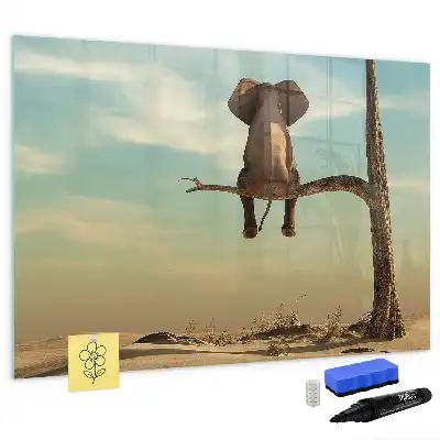 Magnetic glass dry erase board with elephant on a tree print