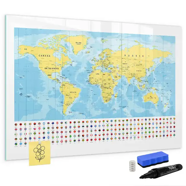Magnetic glass dry erase board world map design