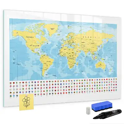 Magnetic glass dry erase board world map design