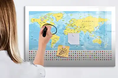 Magnetic glass dry erase board world map design