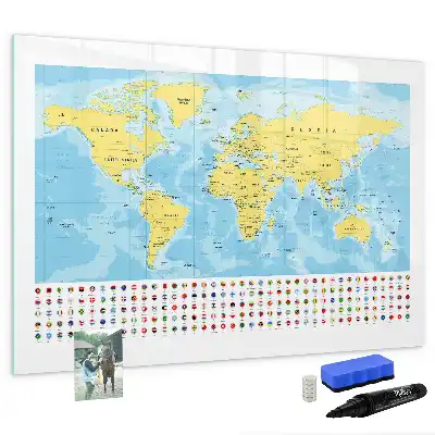 Magnetic glass dry erase board world map design