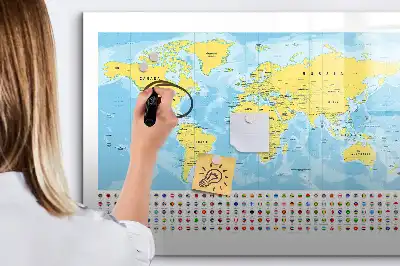 Magnetic glass dry erase board world map design