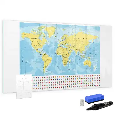 Magnetic glass dry erase board world map design