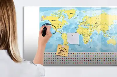 Magnetic glass dry erase board world map design