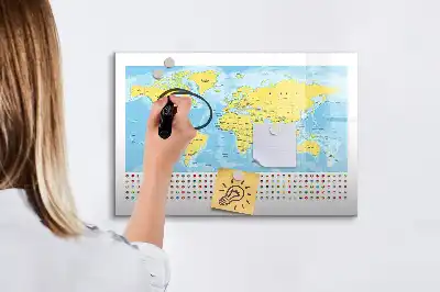 Magnetic glass dry erase board world map design