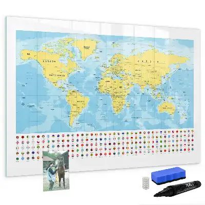 Magnetic glass dry erase board world map design