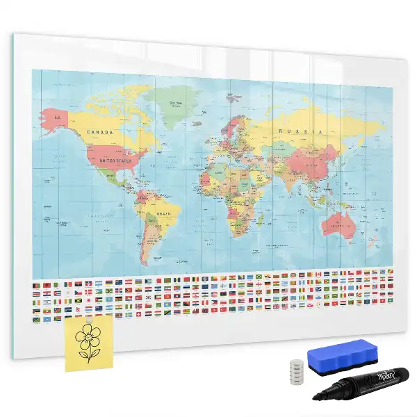 Magnetic glass dry erase board with magnetic world map design
