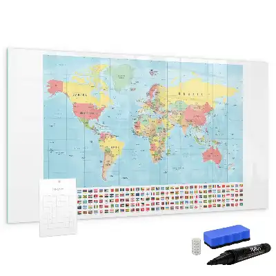 Magnetic glass dry erase board with magnetic world map design