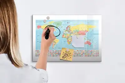 Magnetic glass dry erase board with magnetic world map design