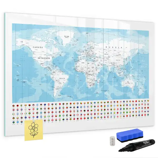 Magnetic glass dry erase board with continent maps