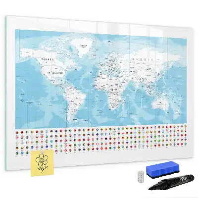 Magnetic glass dry erase board with continent maps