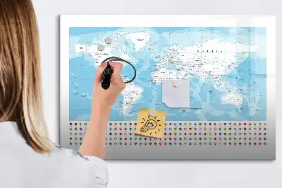 Magnetic glass dry erase board with continent maps